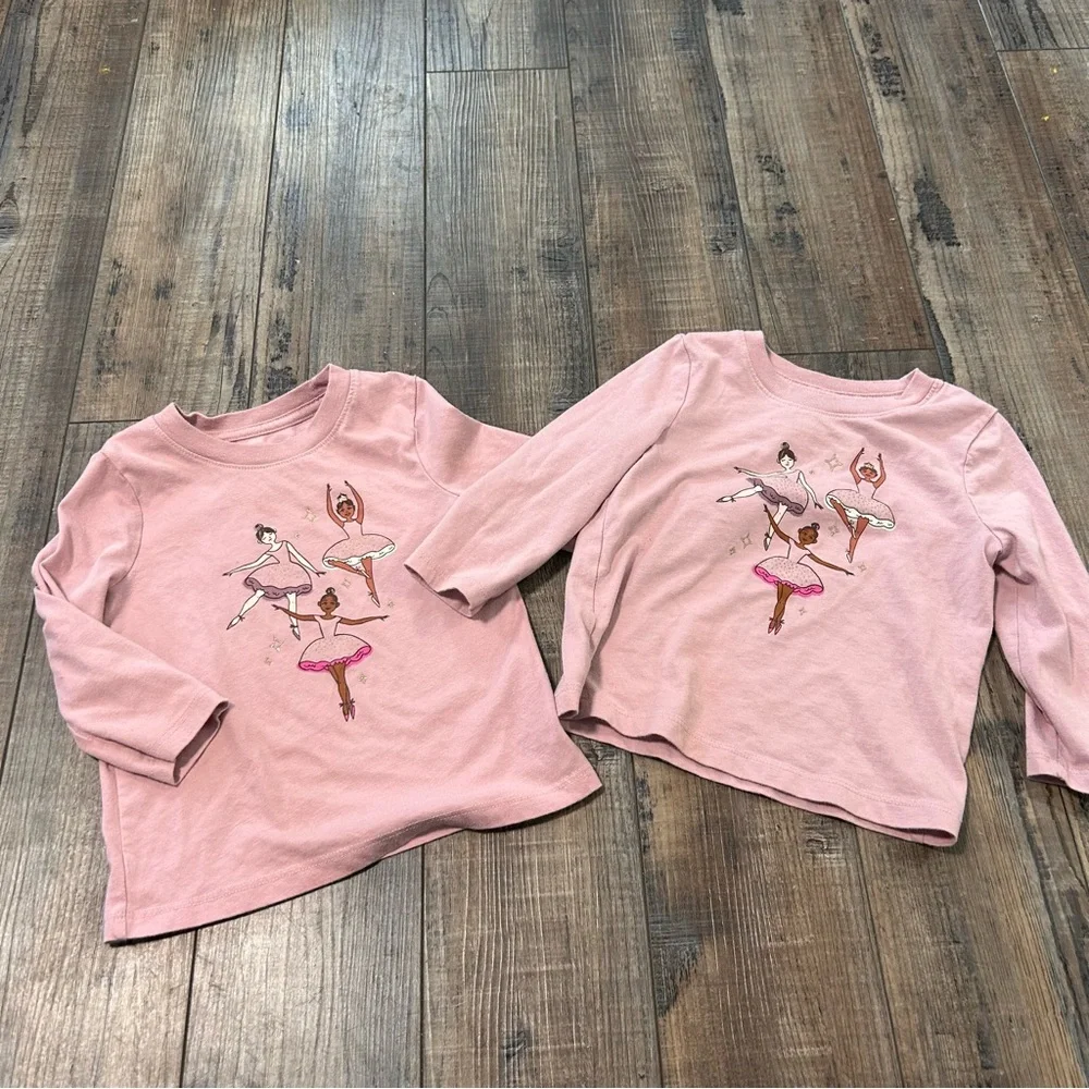 Twin Girls Cat & Jack Long Sleeve Dusty Pink Ballerina Graphic T-Shirt 18 Months